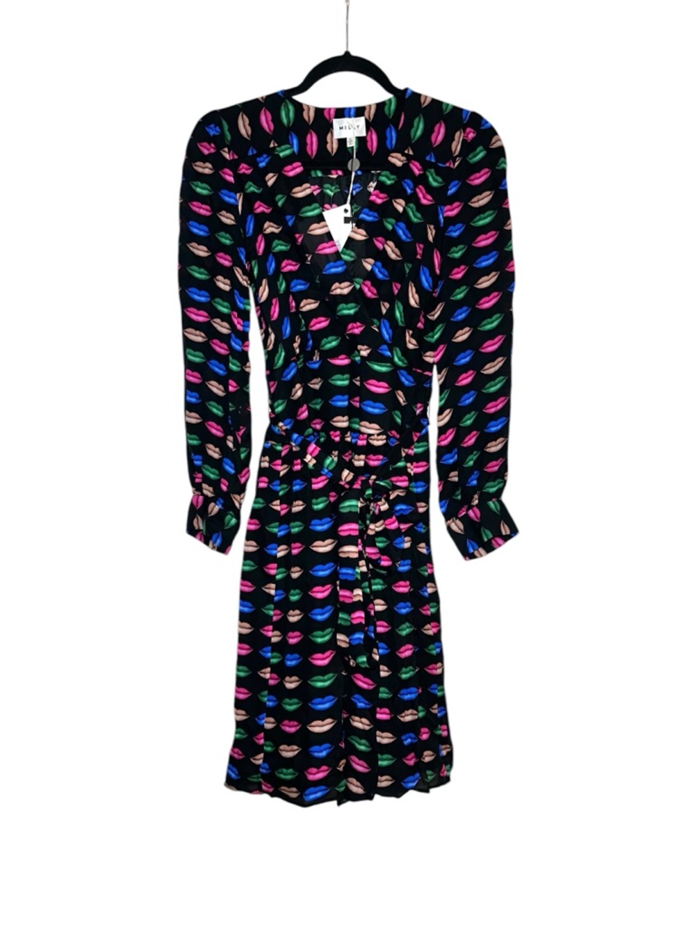 NWT Milly Silk Katy Wrap Dress Lip Print Black Long-Sleeve Italian Fabric 2